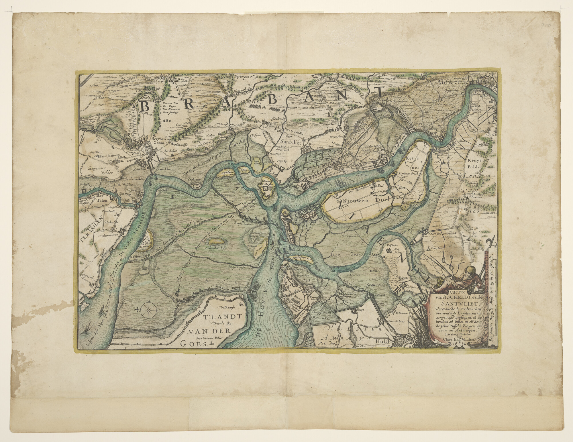 A.5627; Met de hand gekleurde kaart door Claes Jansz Visscher van de Schelde het Sandvliet en het land tussen Bergen op Zoom en Antwerpen, 1632; landkaart