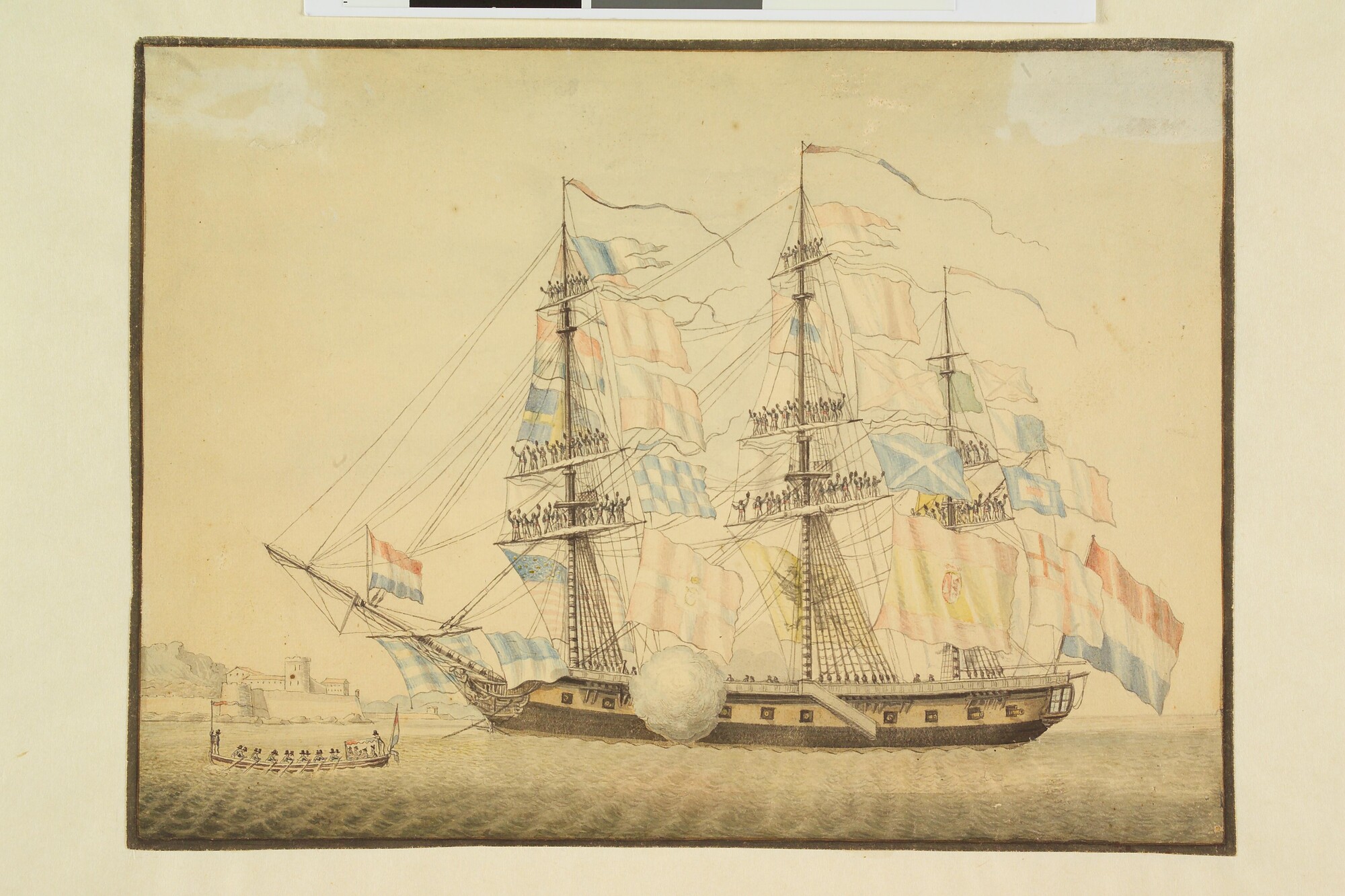 A.0712(02); Paraderen aan boord van een pavoiserend oorlogsschip; tekening