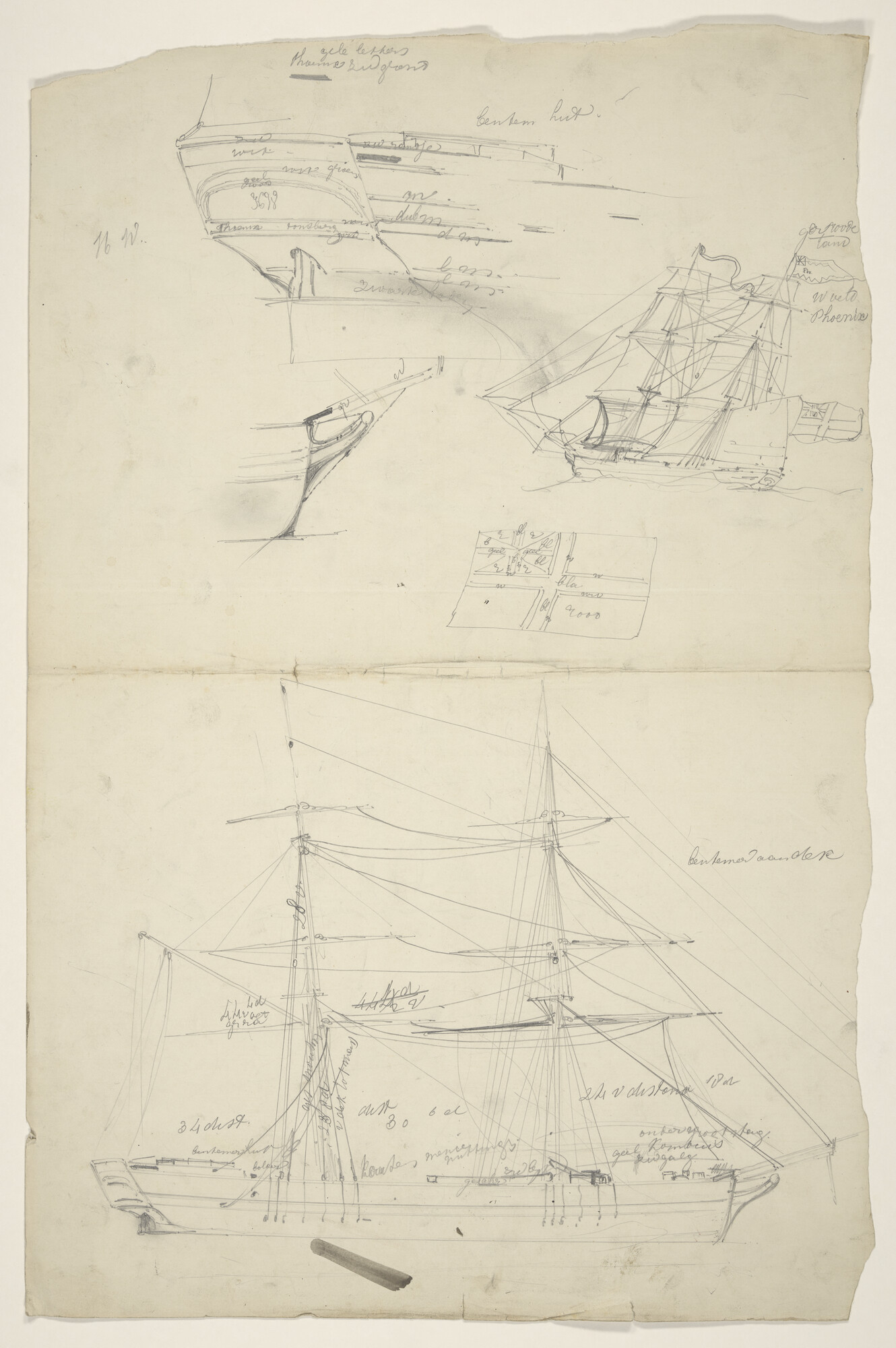 S.3107(07)134; Vier schetsen van een tweemastzeilschip; tekening