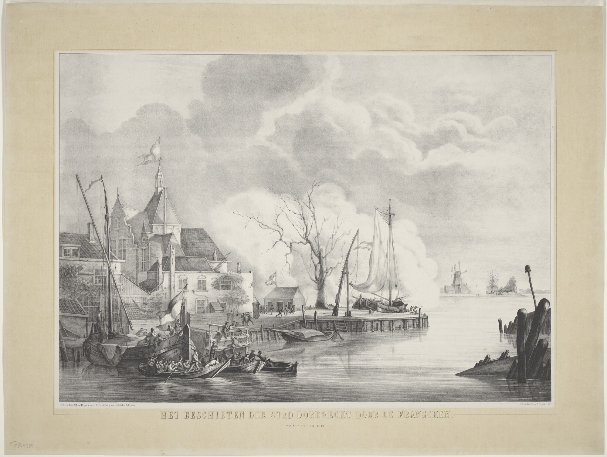A.2779; Het beschieten van de stad Dordrecht door de Fransen, 24 november 1813; prent