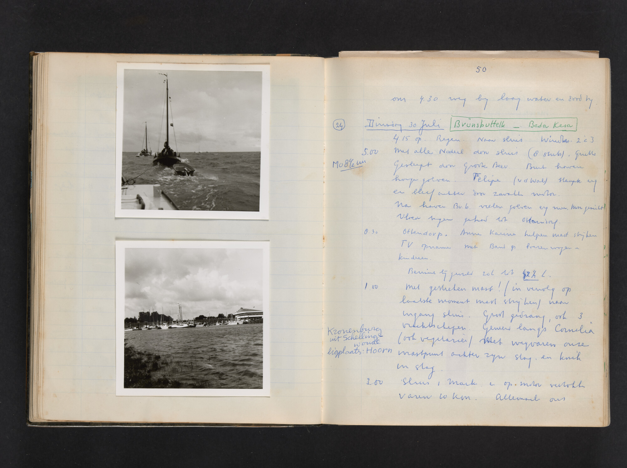 2017.0802; Logboek c.q. fotoalbum van reizen met zeeschouw Grutto (II) in Nederland, Duitsland en Denemarken, 1973-1974; logboek