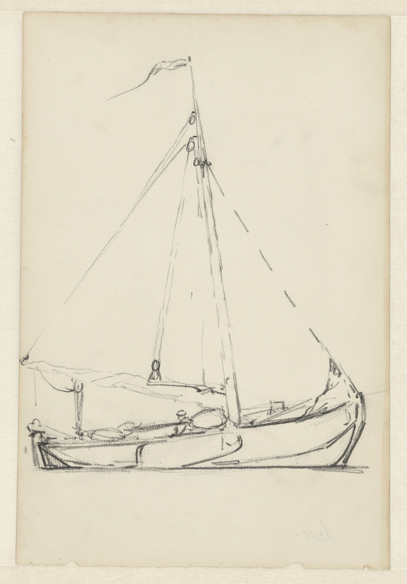 S.2187 [nr 0002]; Krijttekening van vermoedelijk een botter; tekening