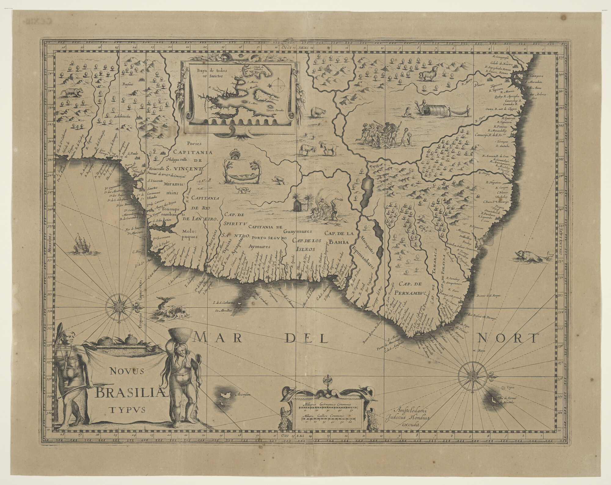 A.0145(211)040; Kaart van Brazilië in Amerika, door Judocus Hondius (1594 - 1629); landkaart
