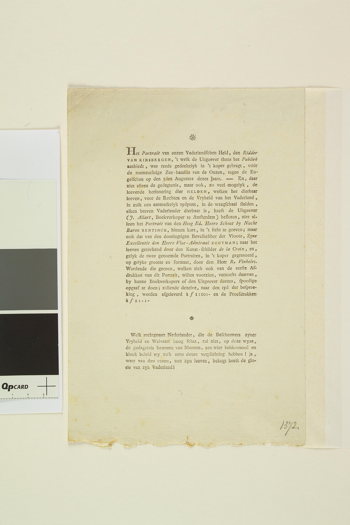 A.0145(179) [nr 0035]; Tekst behorende bij het portret van J.H. Van Kinsbergen; prent