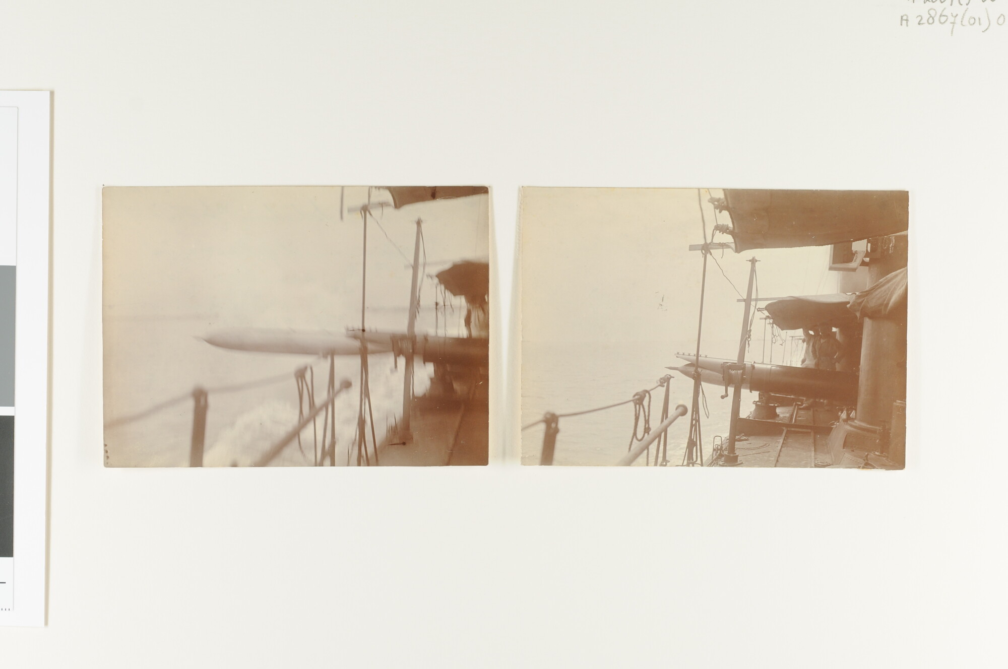 A.2867(01)065; Foto's van het afvuren van 'controleschoten' aan boord van de stoomtorpedoboot Hr.Ms. 'Hydra'; fotoreportage