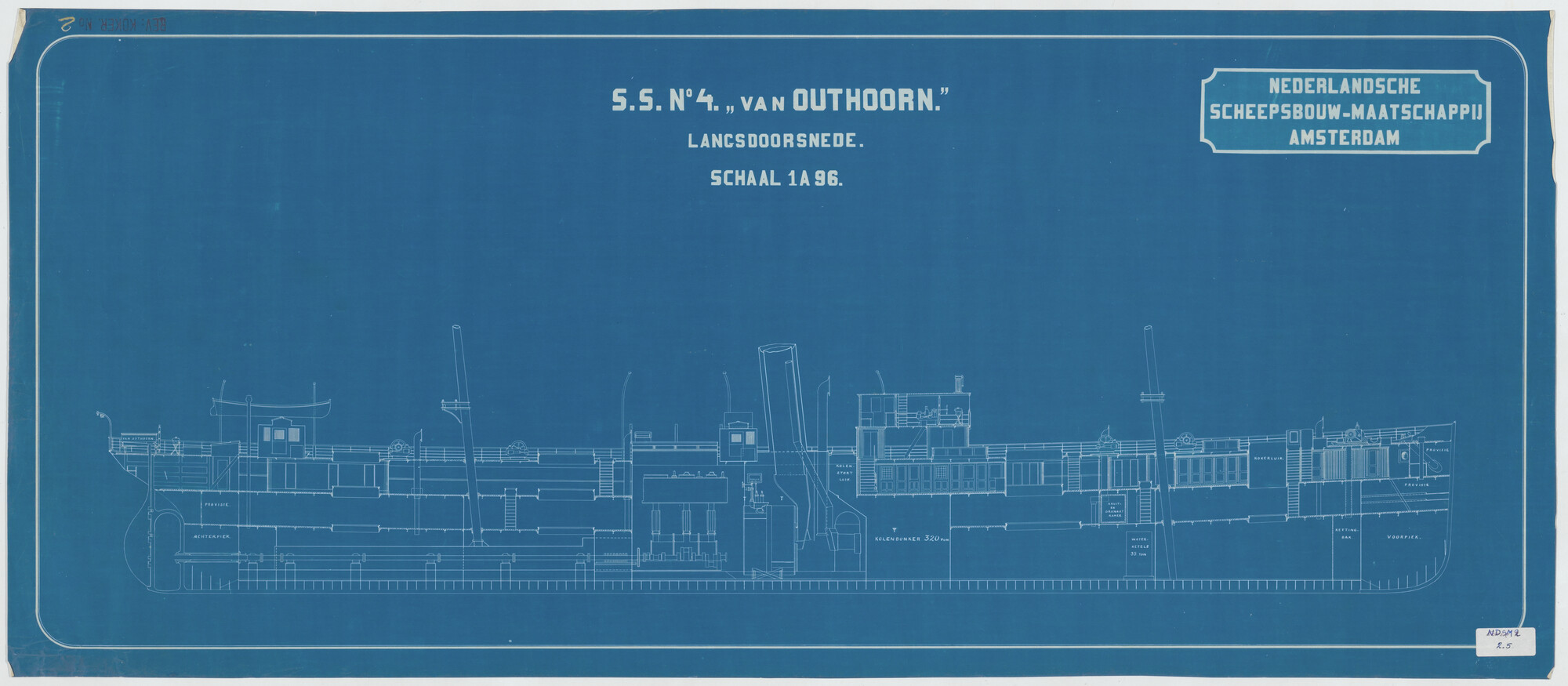 S.5444(002.05); Langsdoorsnede van het vracht- en passagiersschip ss. Van Outshoorn van de [...]; technische tekening