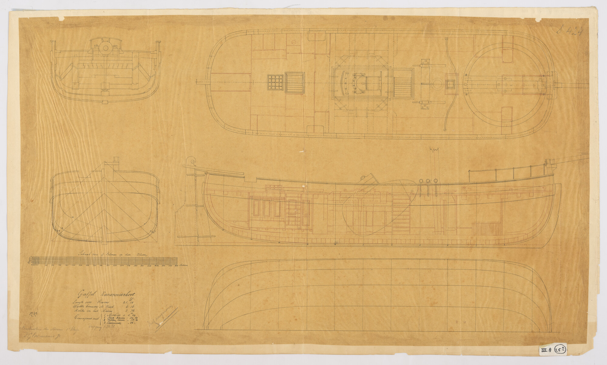 S.0424(01)05; Algemeen- en lijnenplan van een Deens model gaffelkanonneerboot; technische tekening