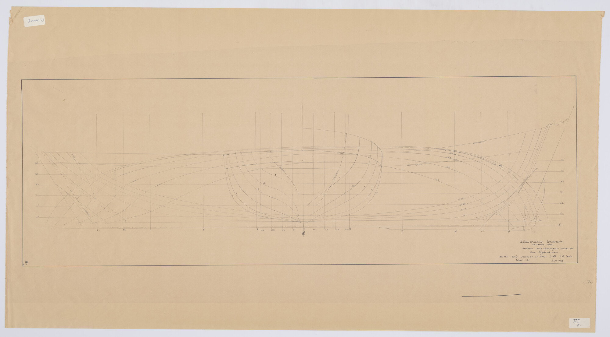 S.5405(01); Lijnentekening van een waterschip, naar waarnemingen en opmetingen aan de [...]; technische tekening