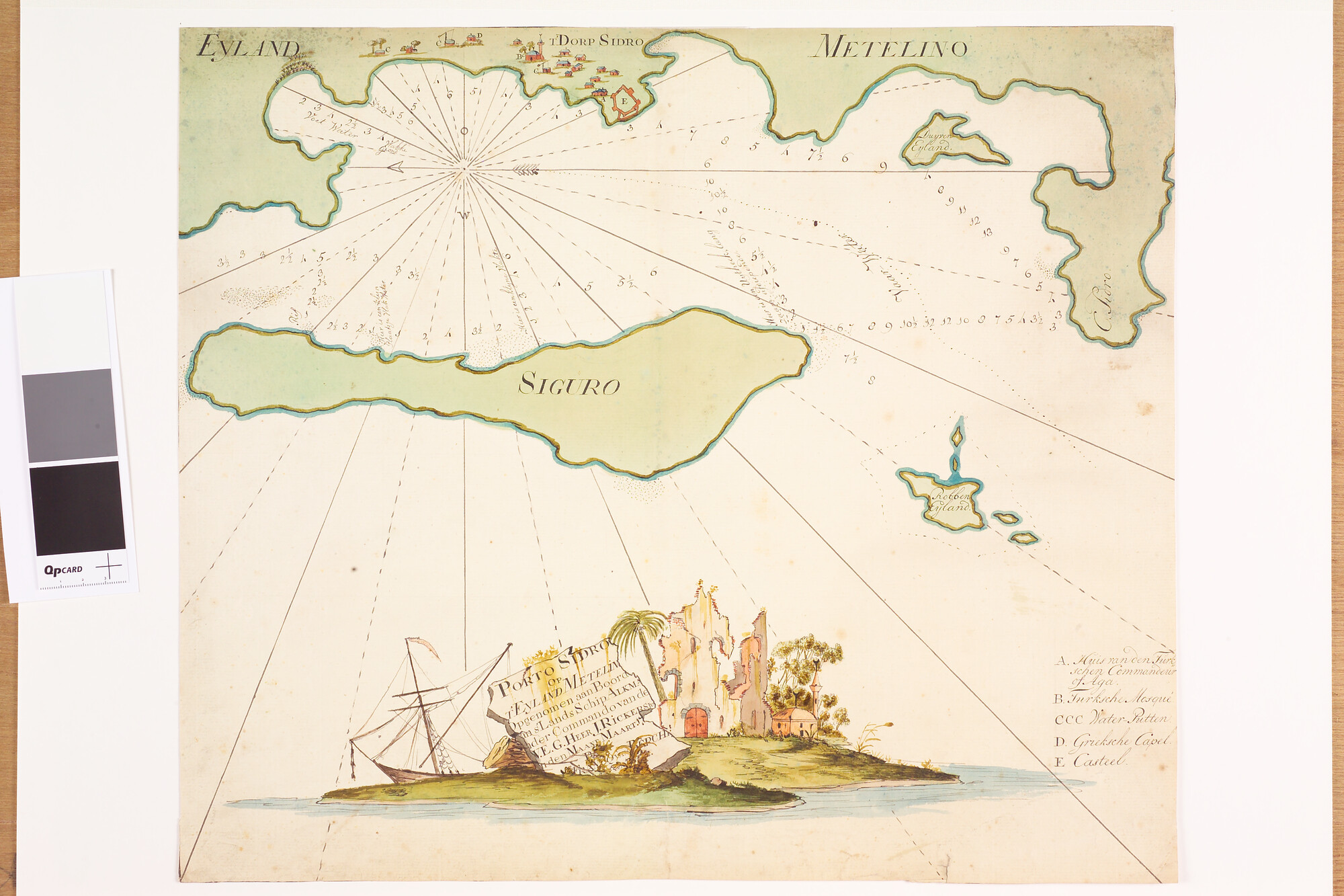 A.1744(01)g; Gekleurde kaart van Porto Sidro op het eiland Metelin in 1785 opgenomen door; zeekaart