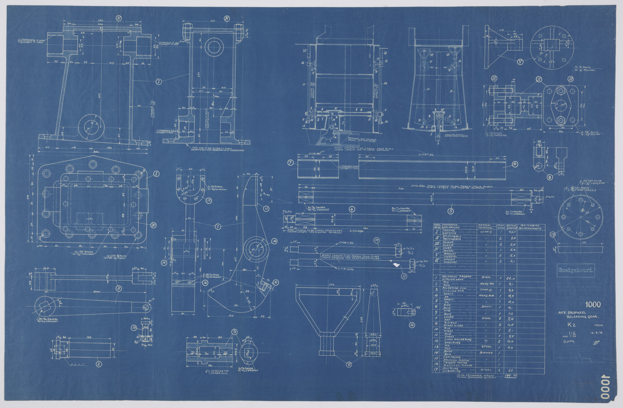 S.2175(3840); Valinrichting van valkiel (achter) van de onderzeeboot  Hr.Ms. 'K II'.; technische tekening