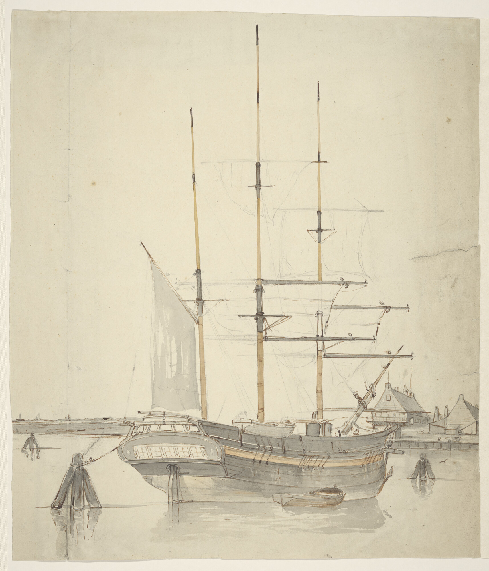 A.0151 [nr 0004]; Het koopvaardijfregat 'Zeemanshoop' in een haven; tekening