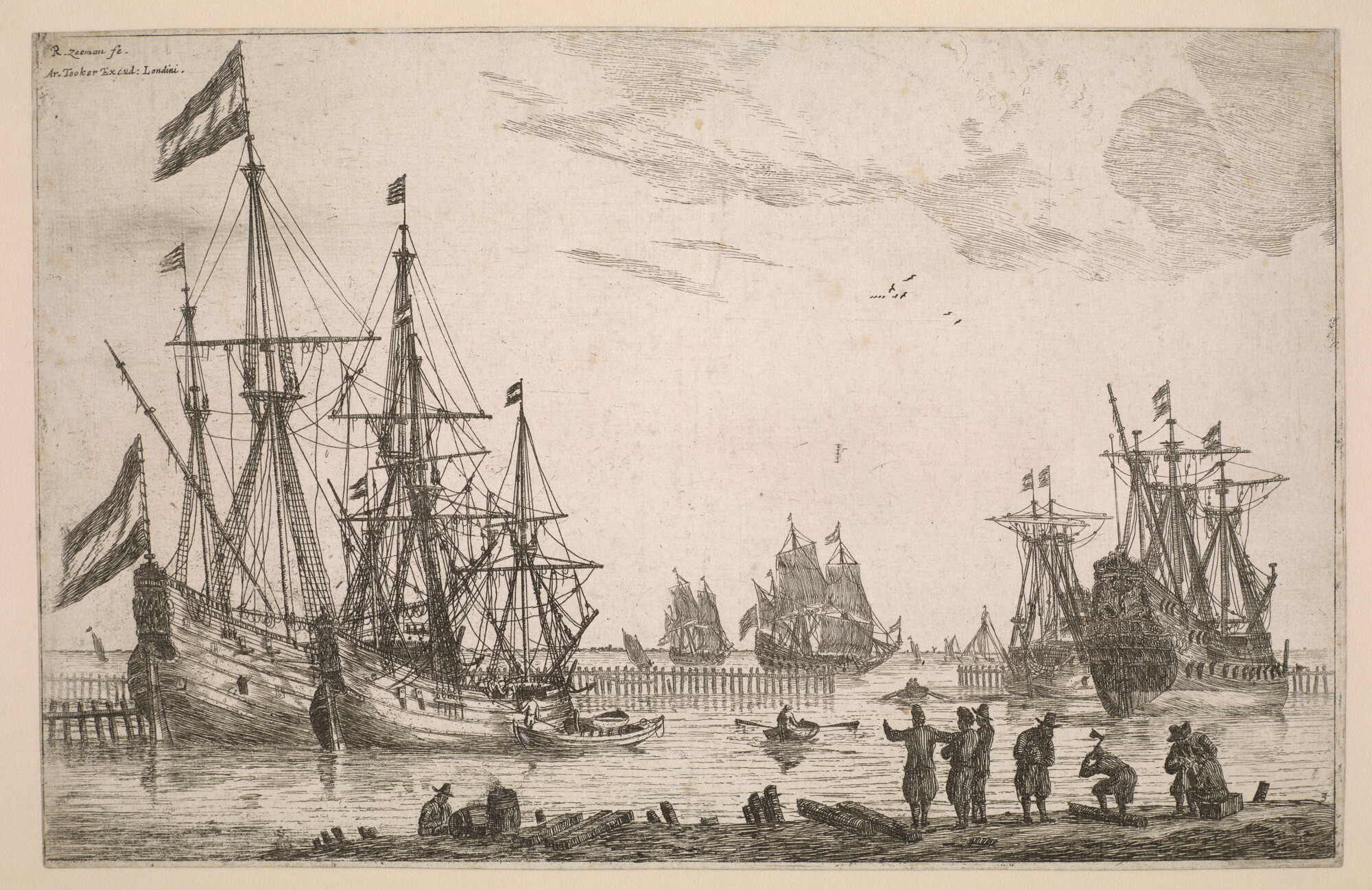 A.0149(0346); Twee fluitschepen, een spiegelschip en andere schepen afgemeerd in de haven; prent