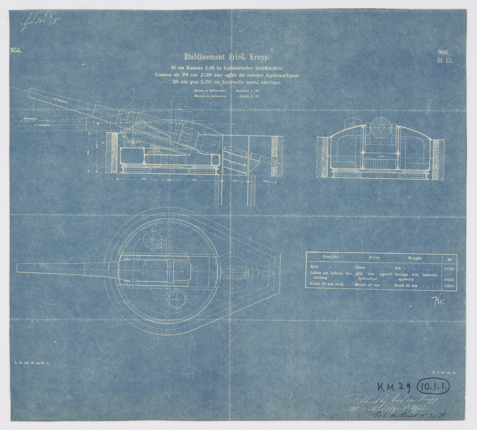 S.2175(4361); Doorsneden van het 28 cm kanon L/30 met hydraulisch aangedreven middenpivot affuit; technische tekening