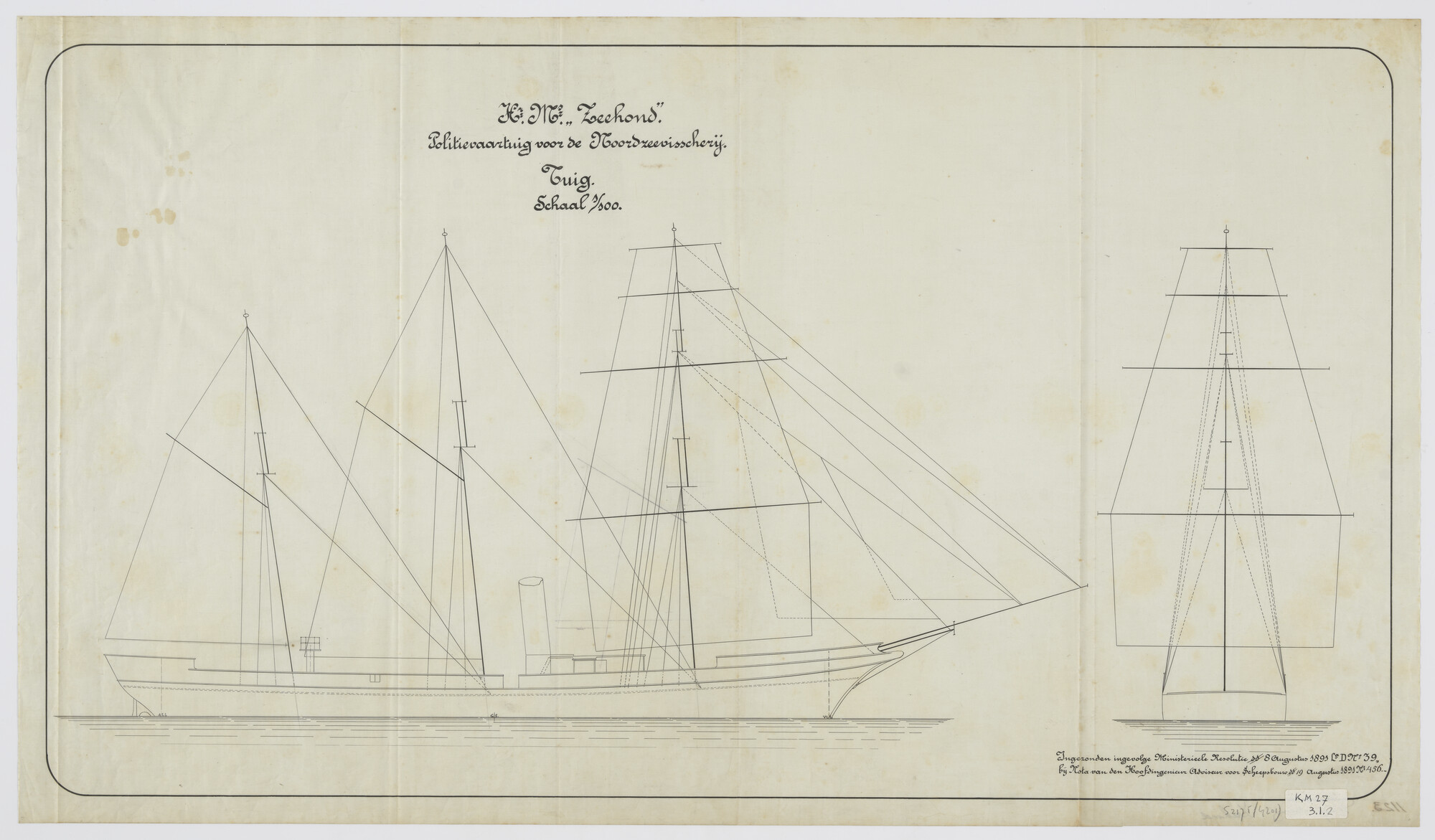 S.2175(4201); Zijaanzicht en dwarsdoorsnede van Hr.Ms. 'Zeehond' [ontwerp]; technische tekening