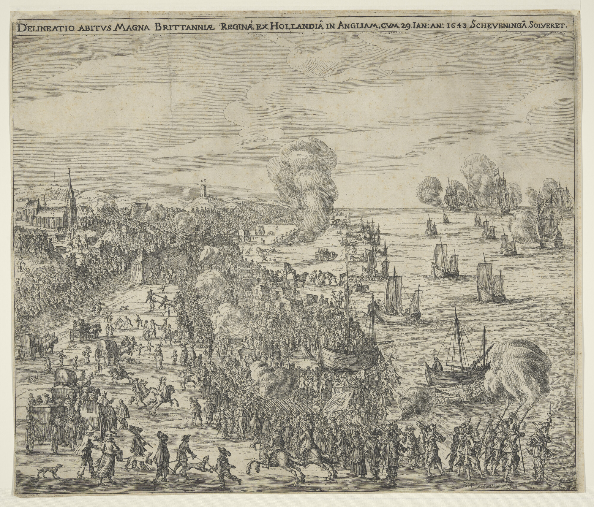 A.1222(06); Vertrek van HM Henriëtte Maria uit Scheveningen naar Engeland, 1643; prent