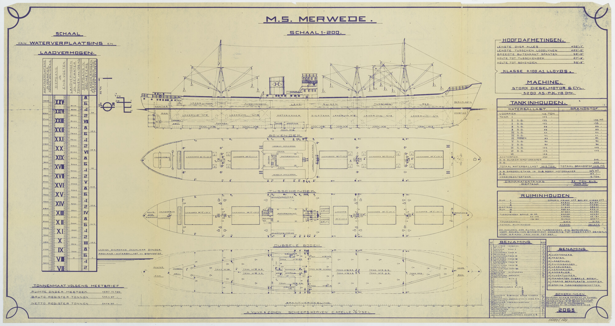 S.6879(168); Capaciteitsplan van een vrachtschip ms. 'Merwede'; technische tekening