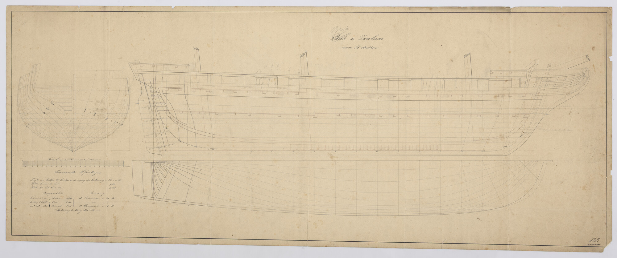 S.1214(0194); Lijnenplan van de brik Zr.Ms. 'Zwaluw' van 18 stukken, 1837; technische tekening