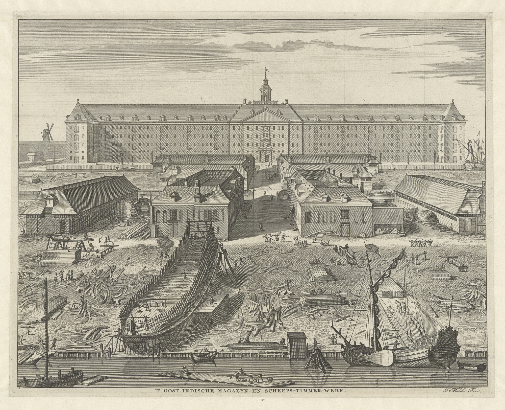 A.0356(38)7; Het magazijn en de timmerwerf van de van de VOC te Amsterdam; prent