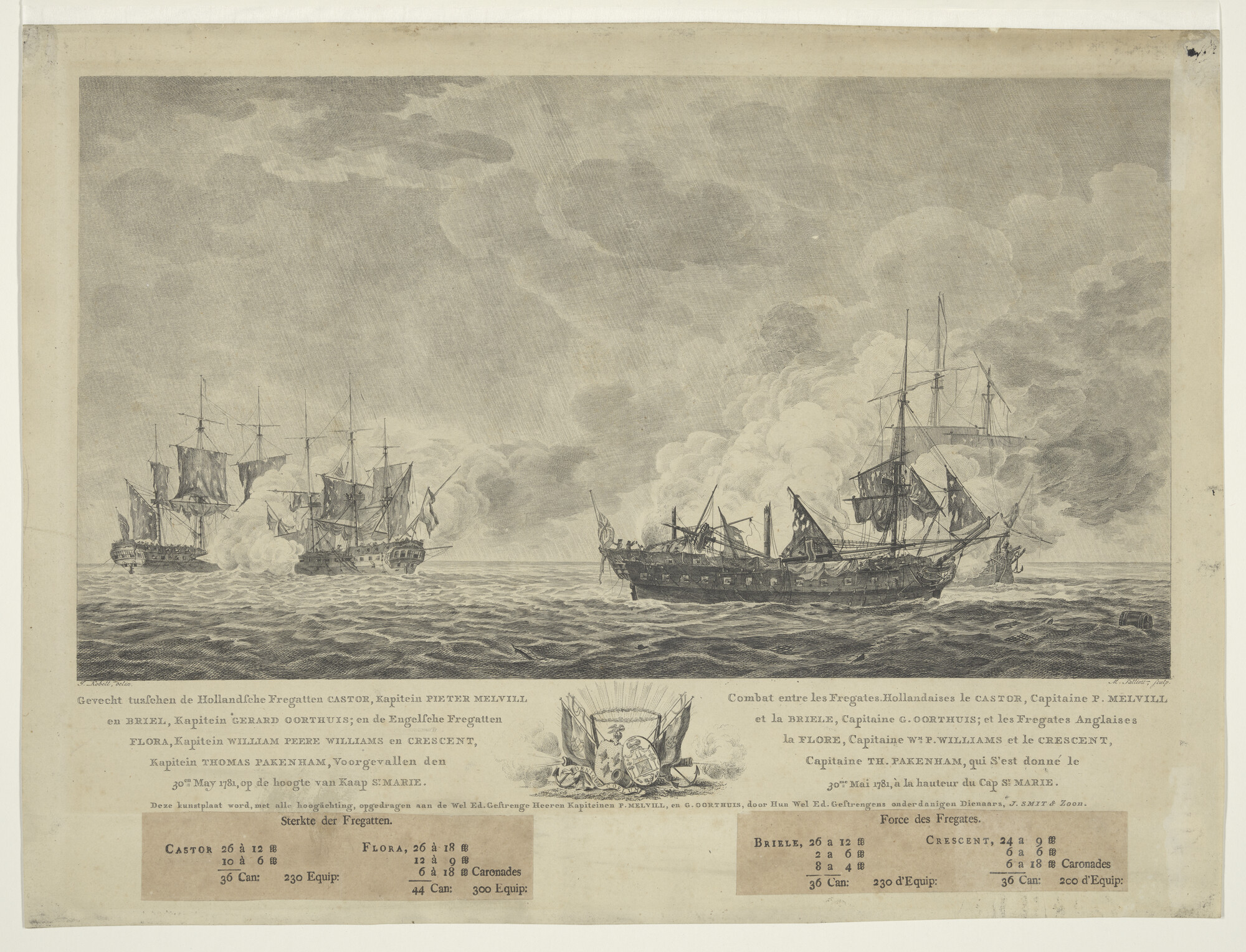 A.0477(02)1; Gevecht tussen de Hollandse fregatten 'Castor' en 'Briel' en de Engelse; prent