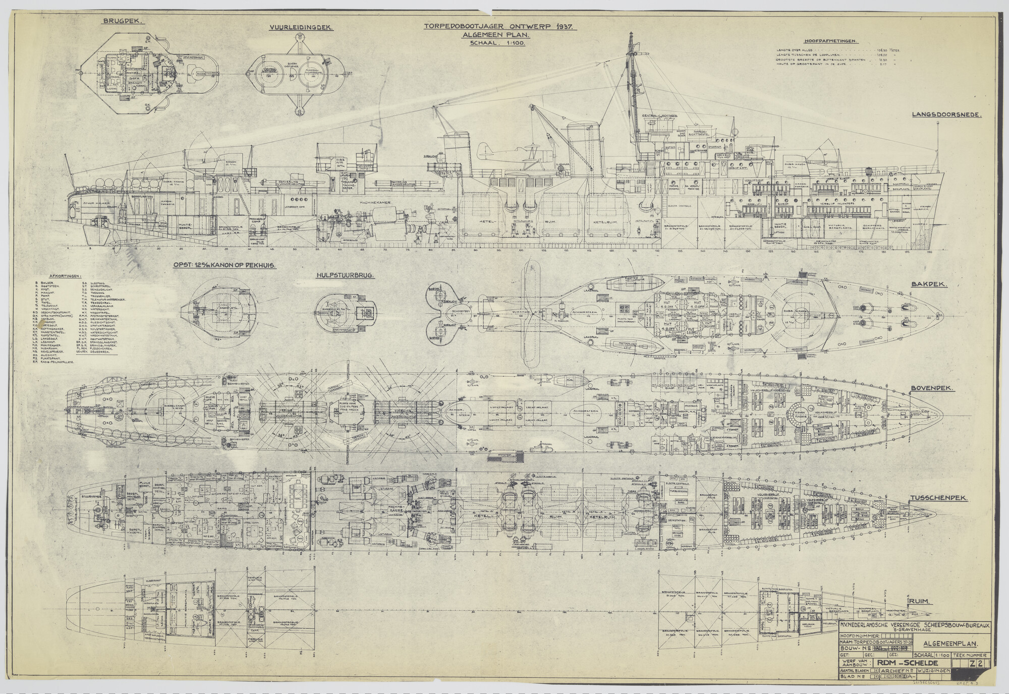 S.2175(3693); Algemeen plan torpedobootjager ontwerp 1937; technische tekening