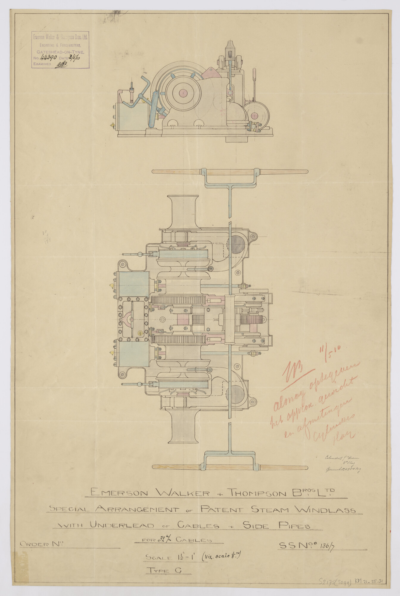 S.2175(3099); Langsdoorsnede en bovenaanzicht van de stoomankermachine van de stoomschepen voor de gouvernementsmarine Hr.Ms. Zwaluw (II) en Albatros (II); technische tekening