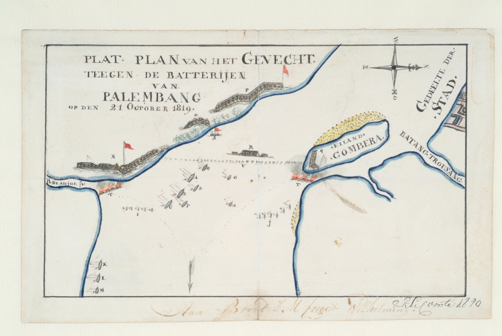 S.1277(01)20b; Plan van het gevecht teegen de batterijen van Palembang; tekening