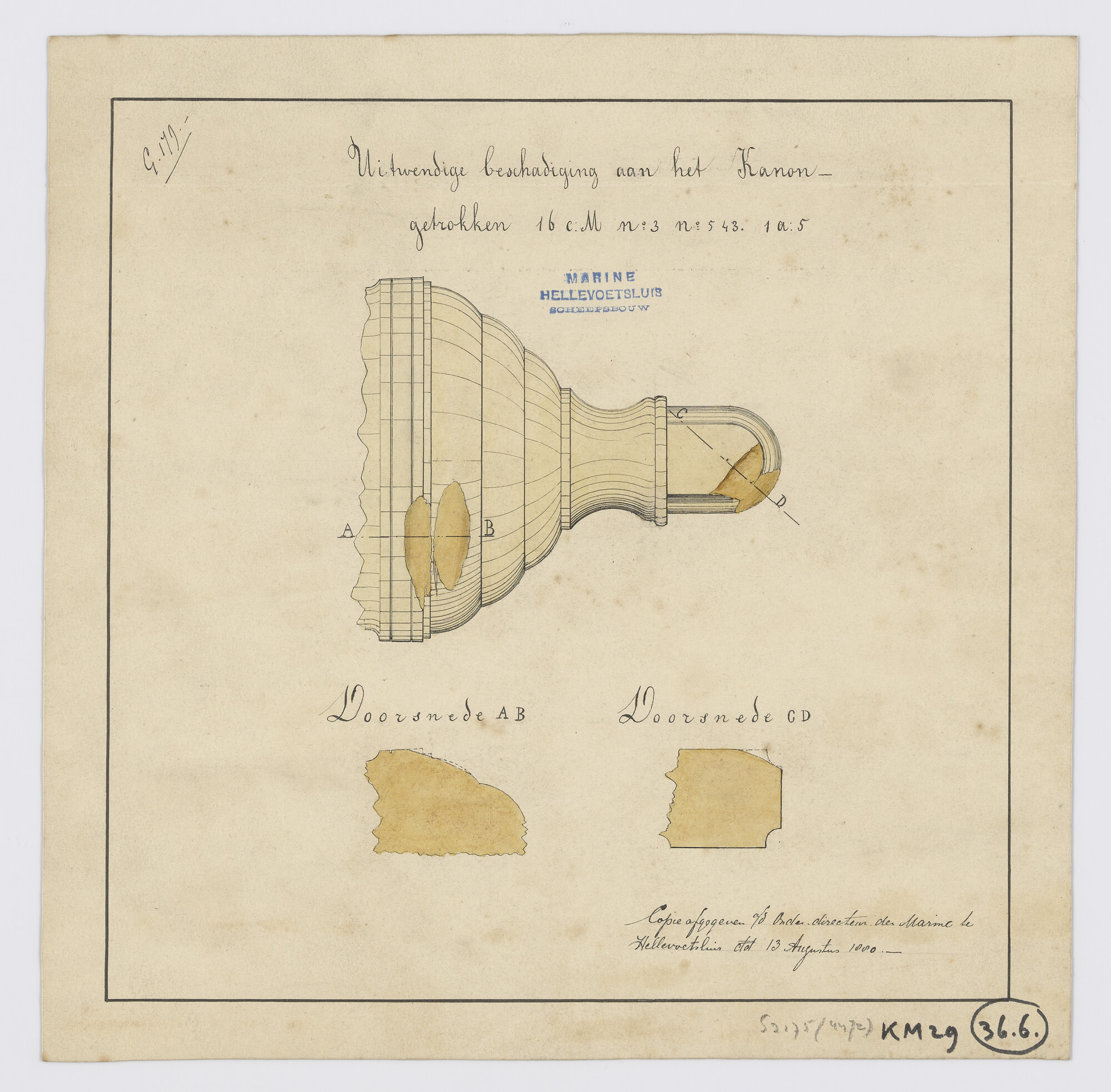 S.2175(4472); Beschadigingen aan het getrokken kanon van 16 cm No 3 ; No 543; technische tekening