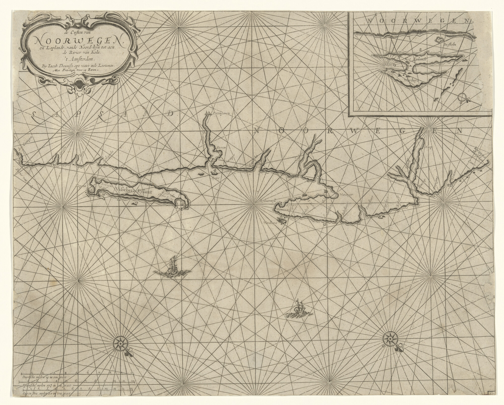 S.1072(02)13; Zeekaart van de kust van Noorwegen en Lapland, van de Noord Kyn tot de Kola Rivier, met een detailkaart van het eiland Warhuys; zeekaart