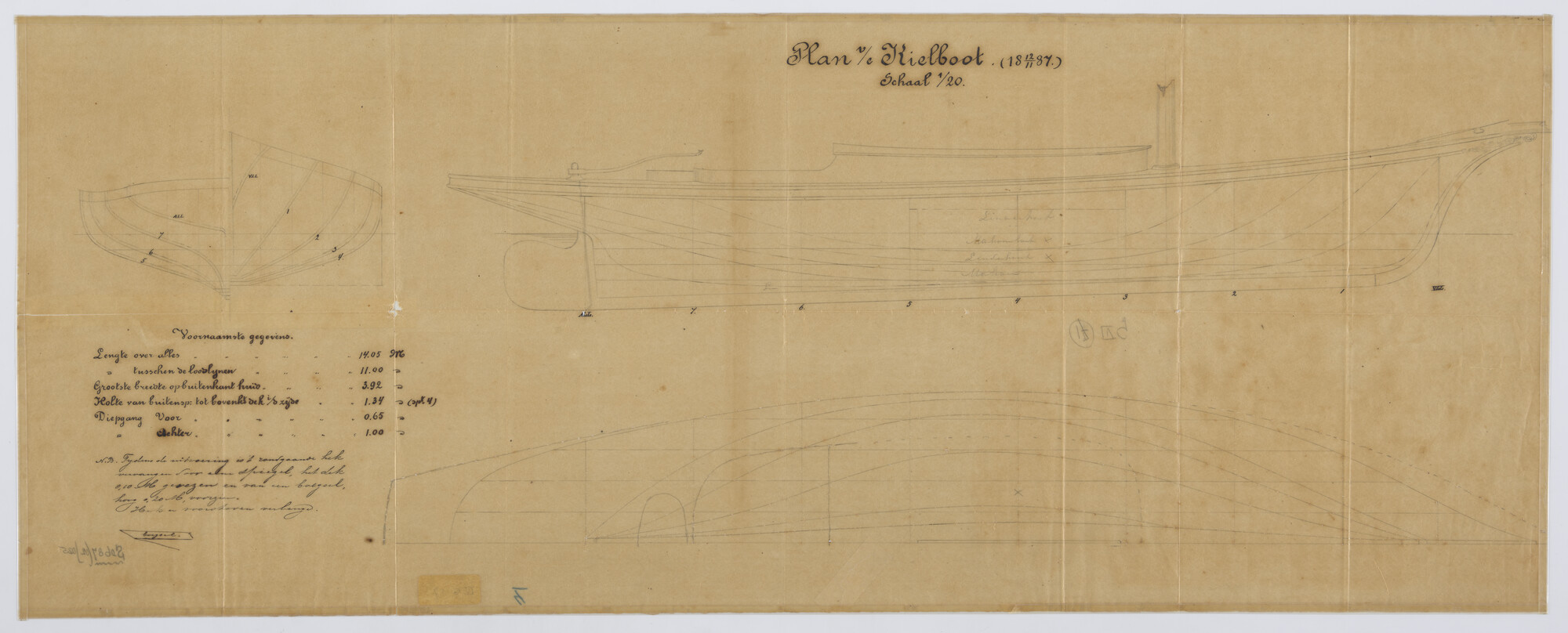 S.0687(02)035; Zijaanzicht van midzwaardjacht 'Nellie', 1887; technische tekening