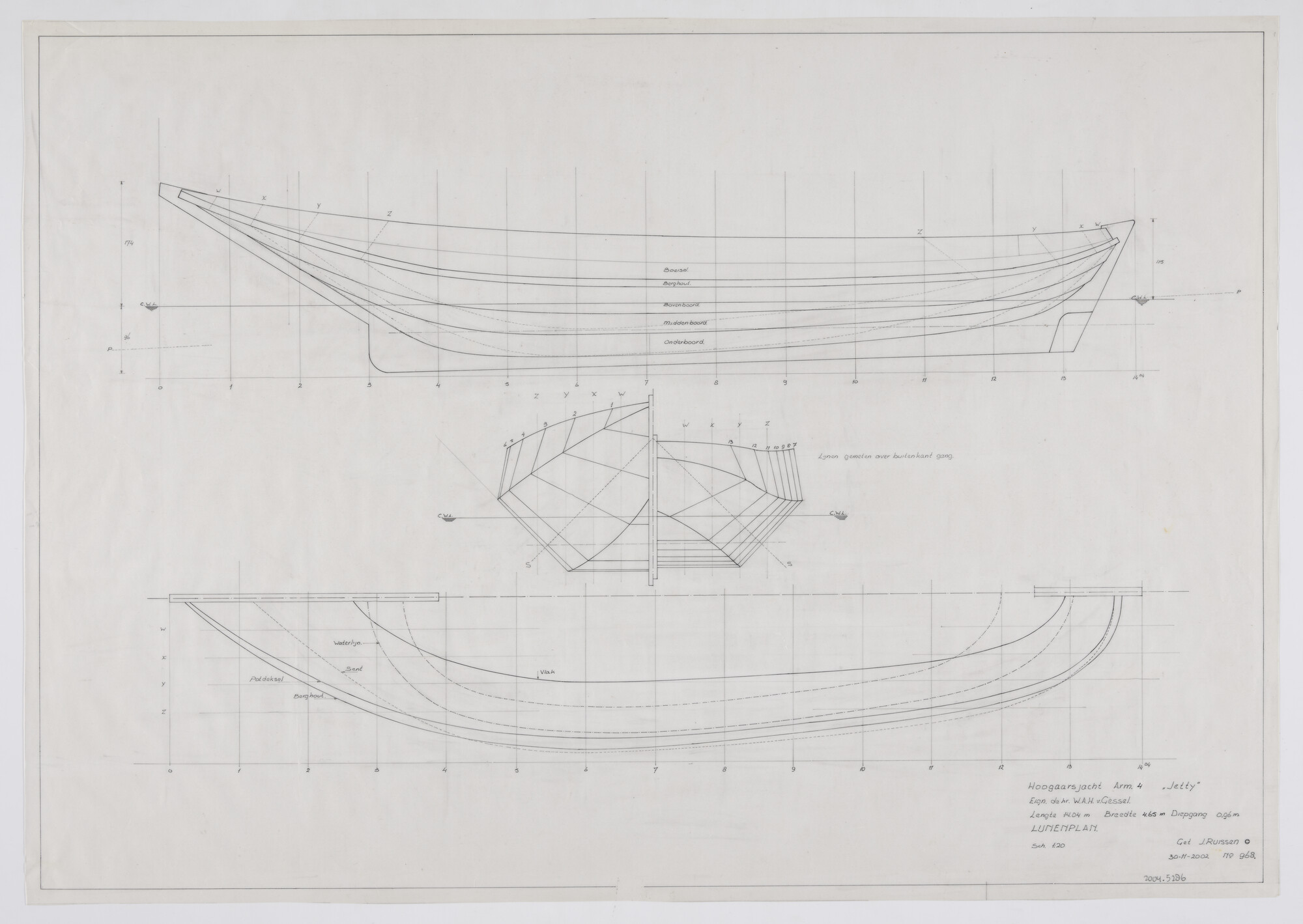 2004.5286; Lijnenplan van de hoogaarsjacht Jetty; technische tekening