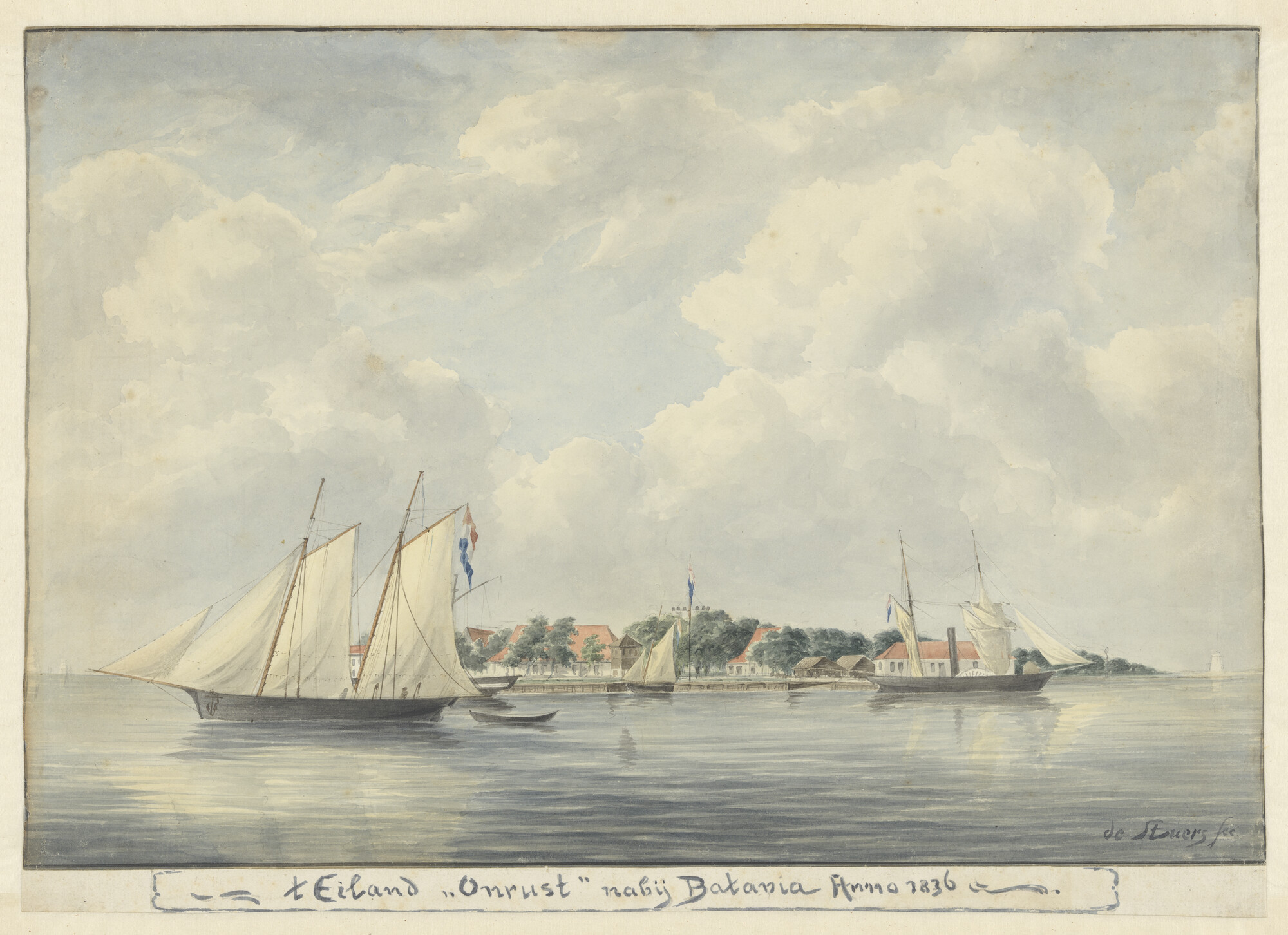 A.1197(04); Een schoener en een raderstoomschip voor het eiland Onrust bij Batavia; tekening