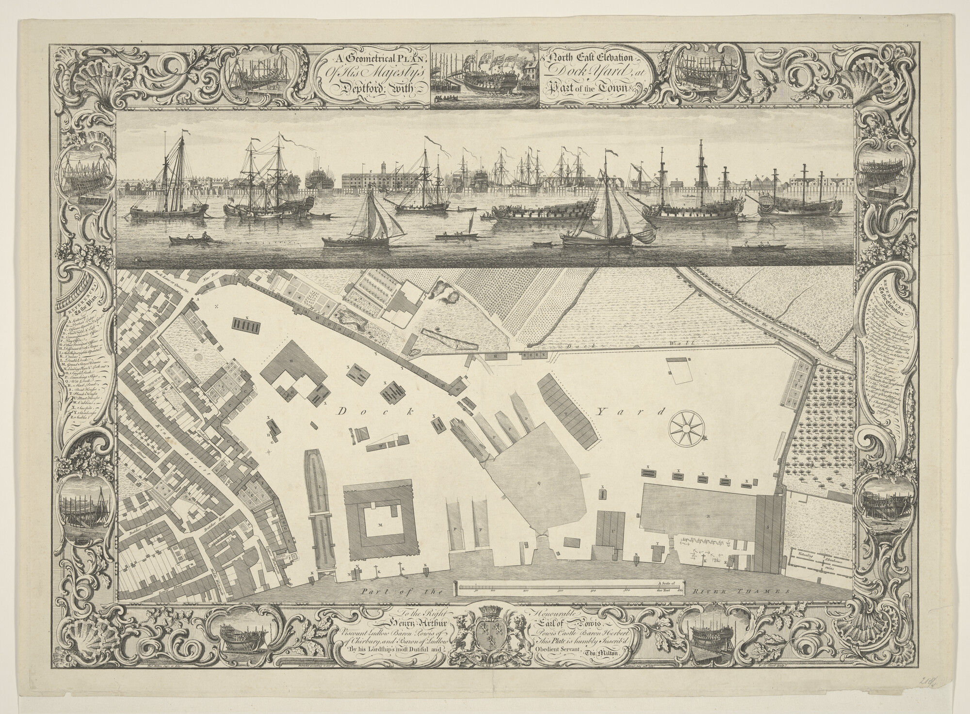 A.2068(04)b; Views and plans of the Royal Dock Yards : Deptford, with part of the Town; prent