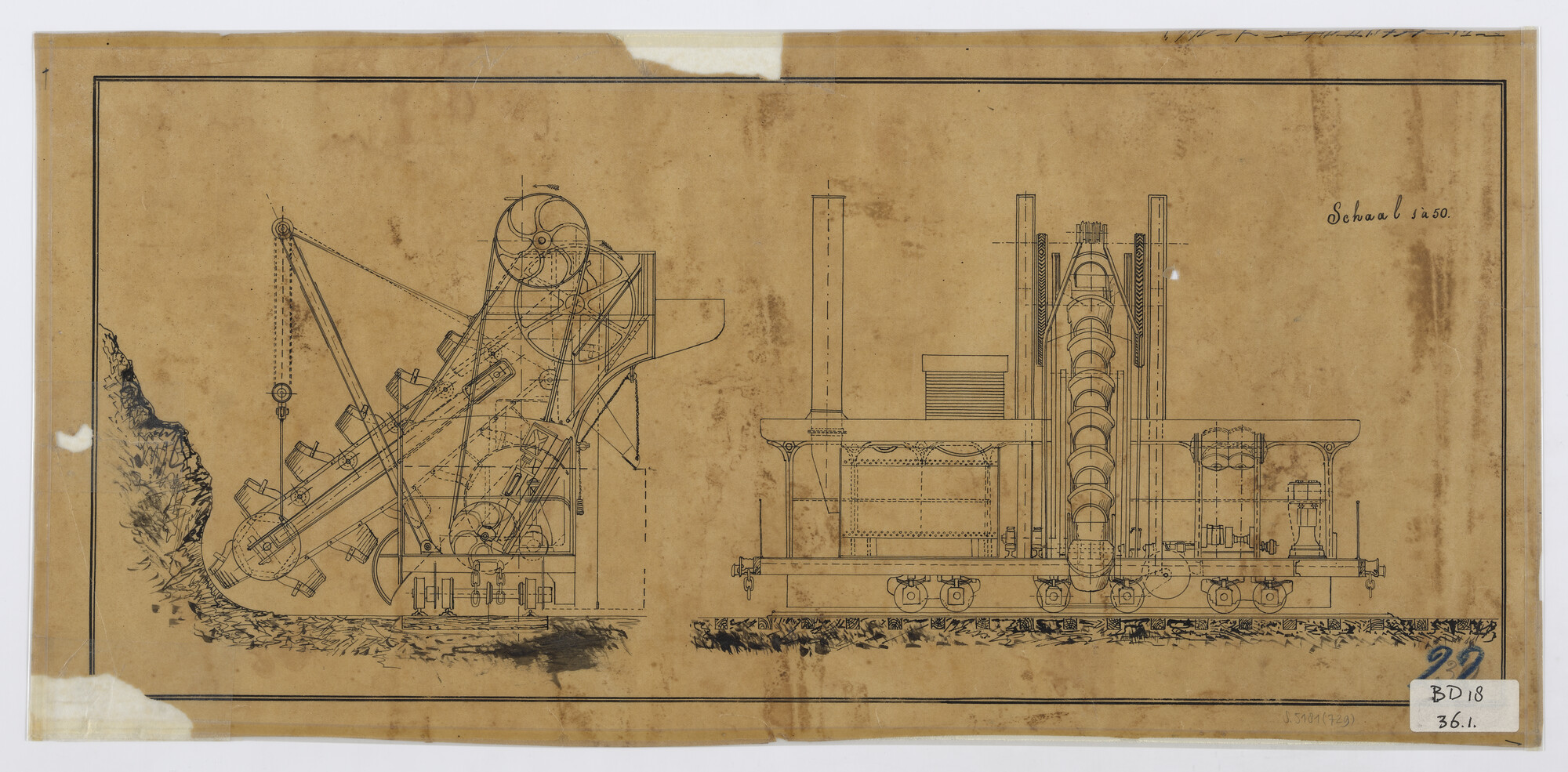 S.5181(729); Plan van een Hollandse stoomlandbaggermolen op rails; technische tekening