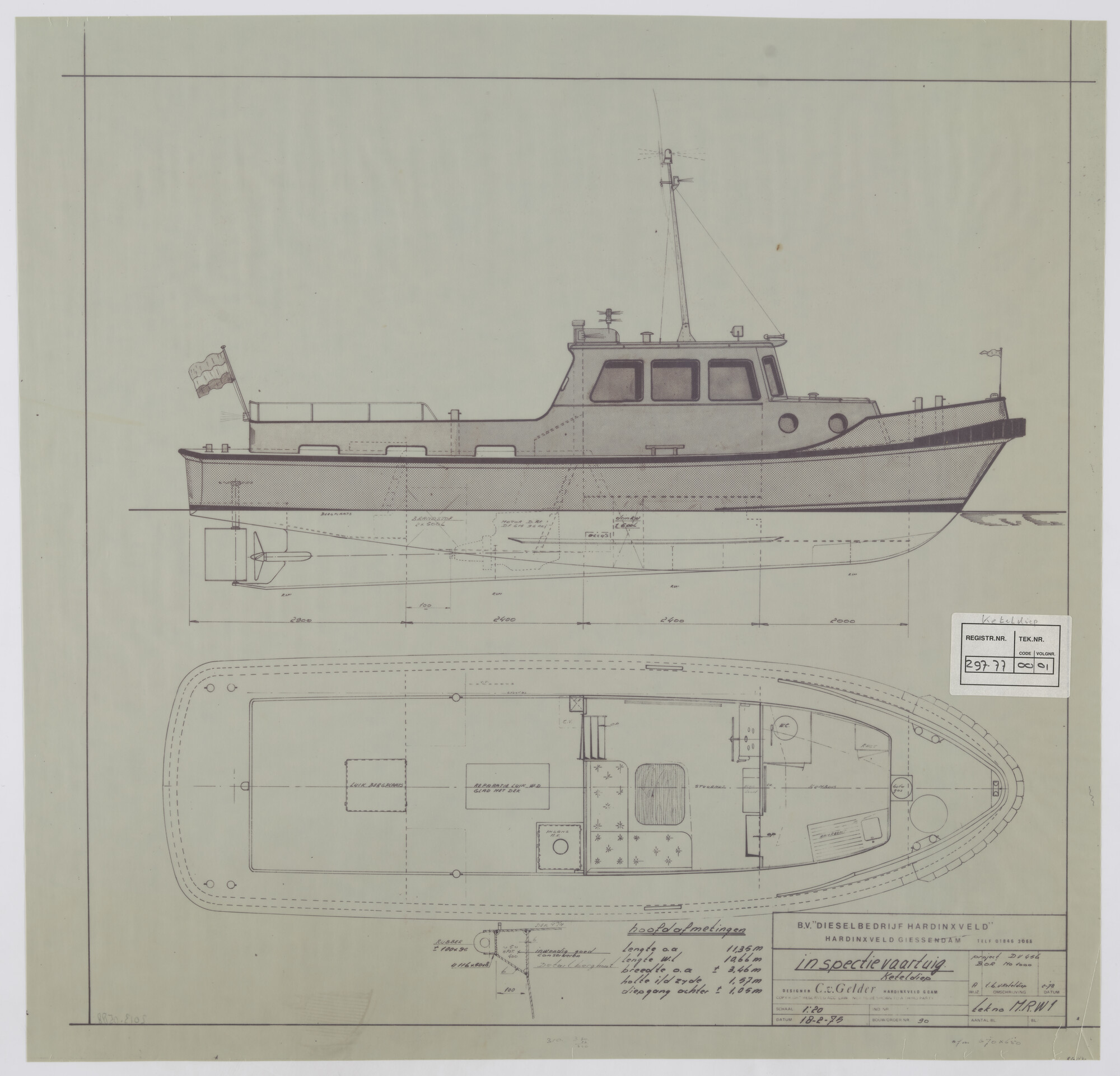 2013.0588; Algemeen plan inspectievaartuig Keteldiep van 11.35 meter; technische tekening