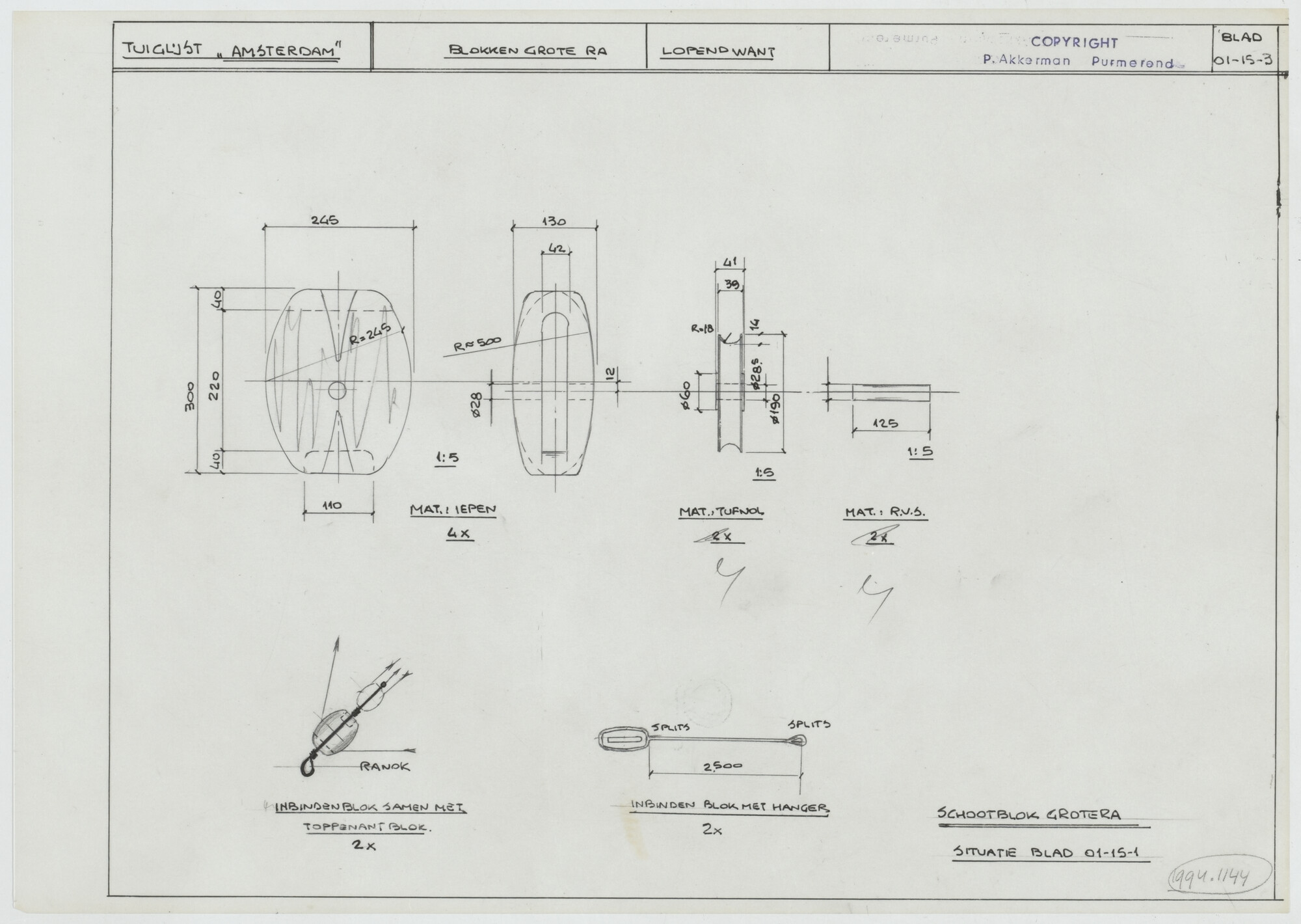 1994.1144; Tuiglijst blokken grote ra replica Oostindiëvaarder Amsterdam; technische tekening