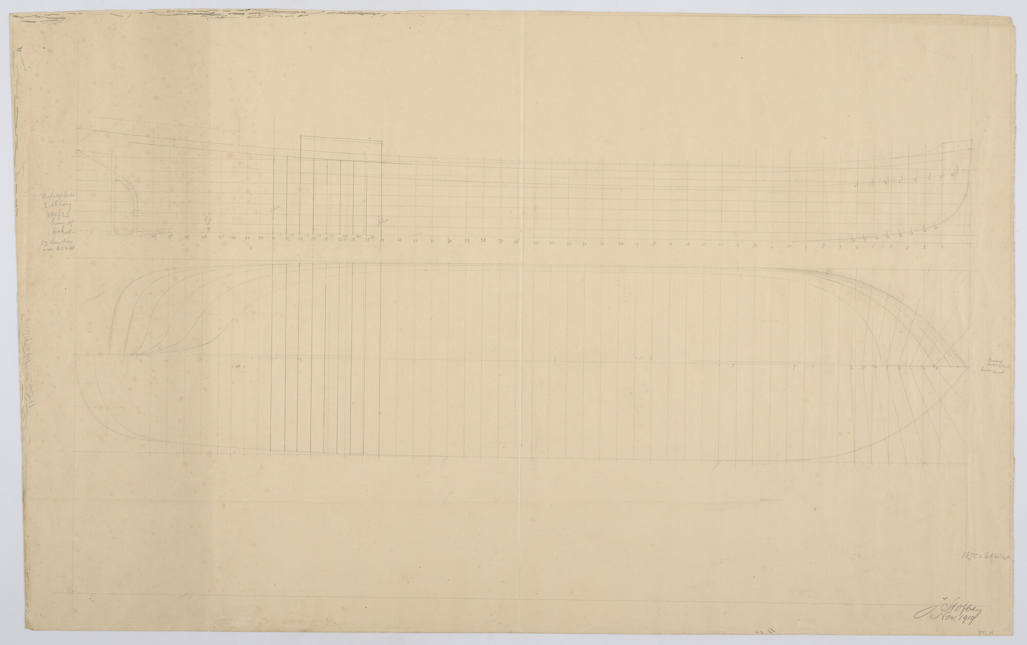 S.1225(03)37; Lijnenplan van een motorvrachtschip, nov; technische tekening