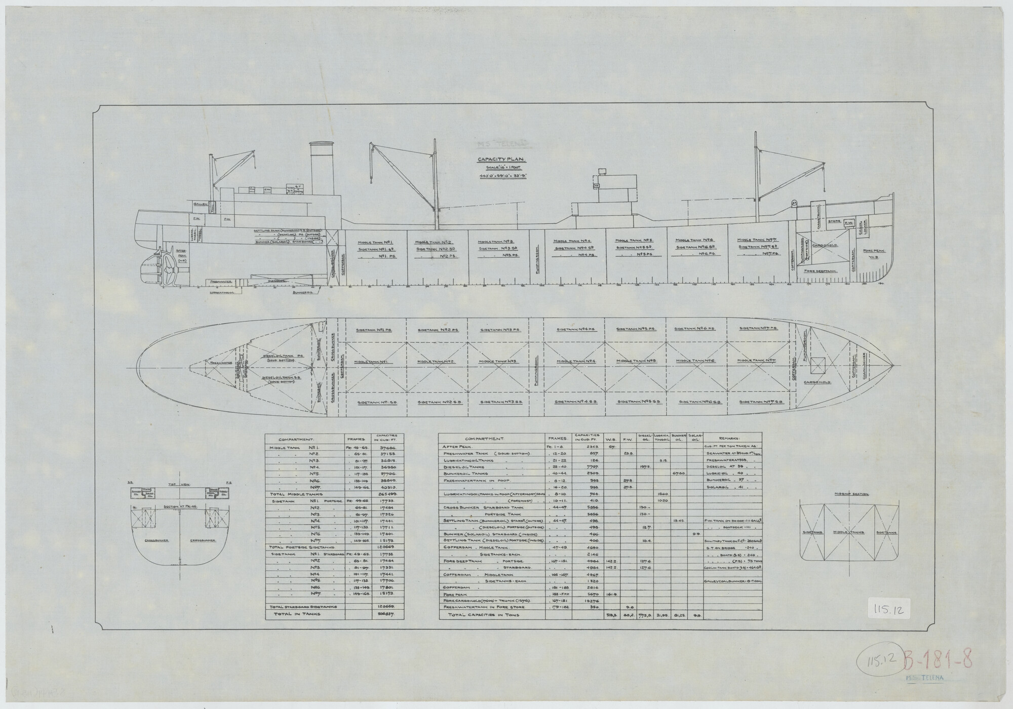S.5444(115.12); Capaciteitsplan van de Britse tankers ms. Phobos, Clam en Elax; technische tekening