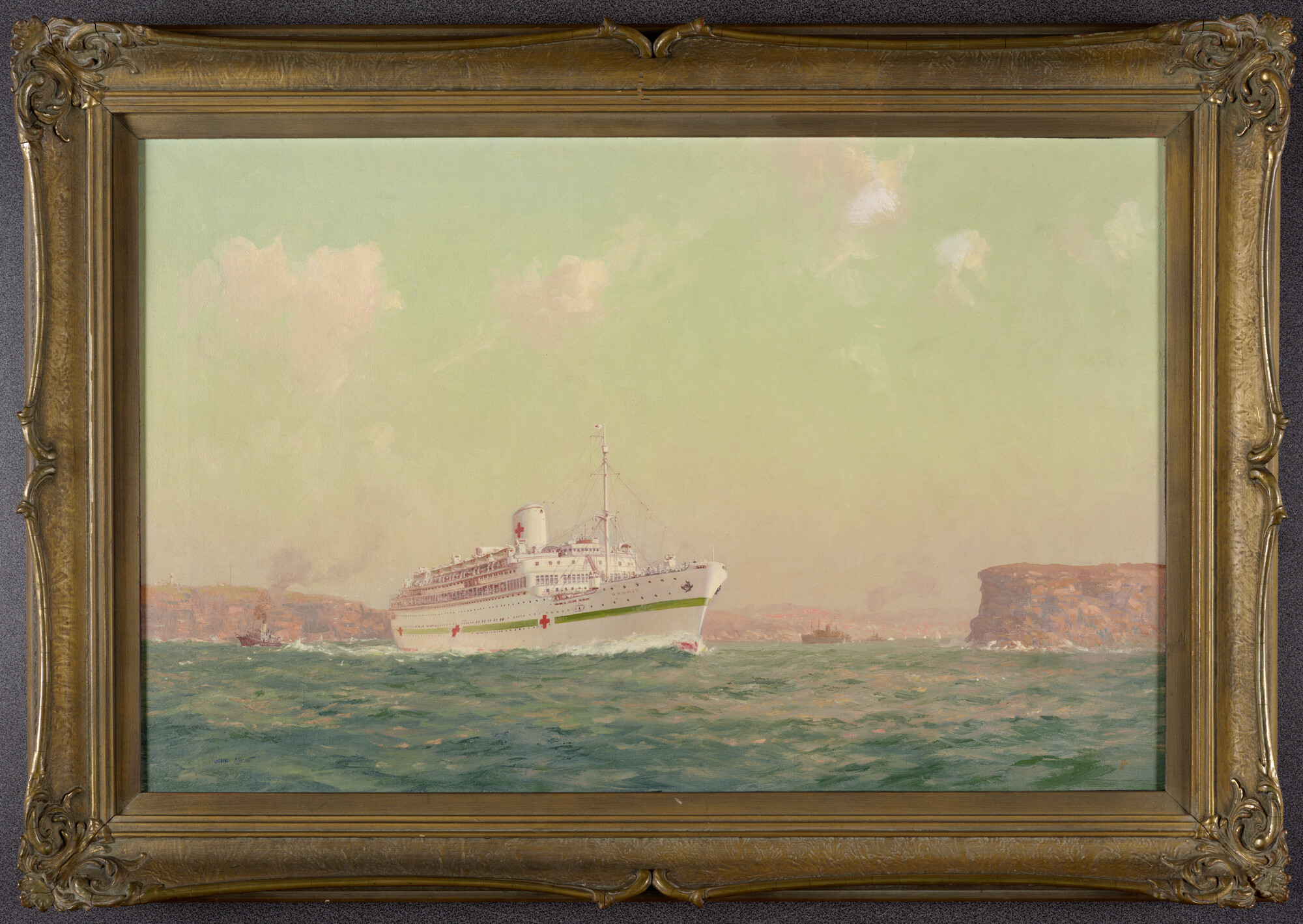 RB.1396; Het ms. Oranje van de Stoomvaart-Maatschappij "Nederland" als hospitaalschip in de baai van Sydney; schilderij