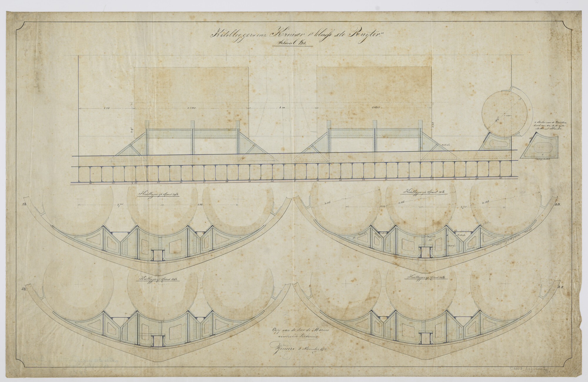 S.1006(02)0002; Fundatieconstructies van de zes stoomketels van het schroefstoomschip der eerste klasse Zr.Ms. 'De Ruyter' (1879); technische tekening