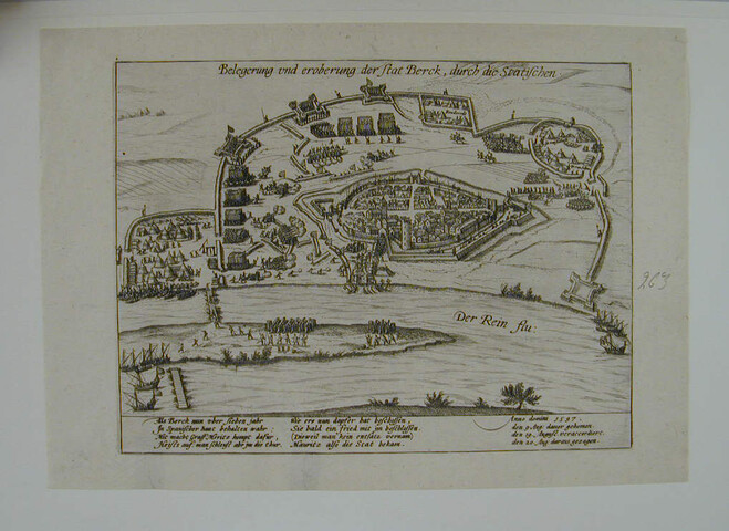 A.0145(027)323; Maurits belegert en neemt Rijnberk, 20 augustus 1597; prent