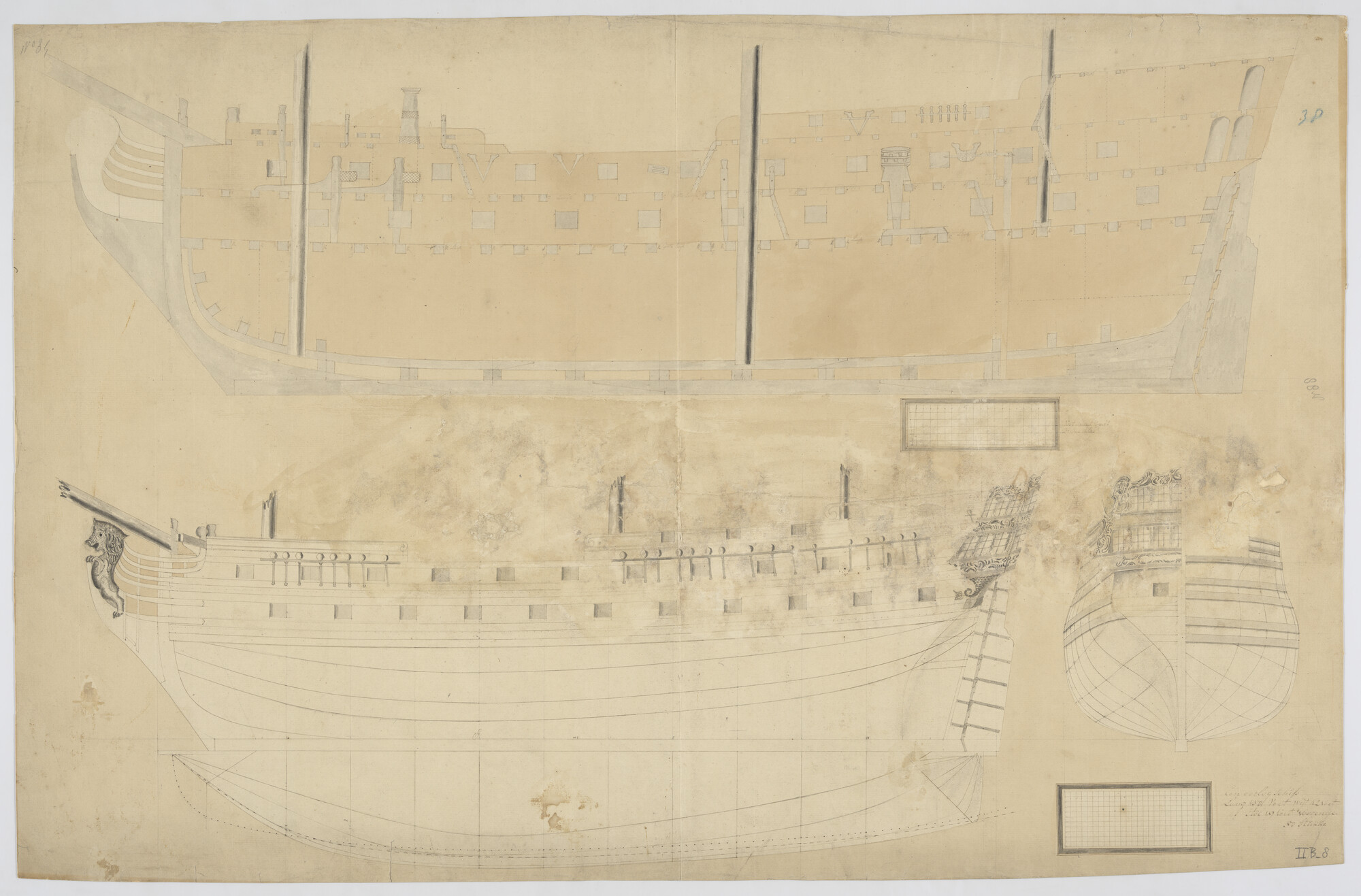 S.0305(17); Lijnenplan van een schip van 50 stukken; technische tekening