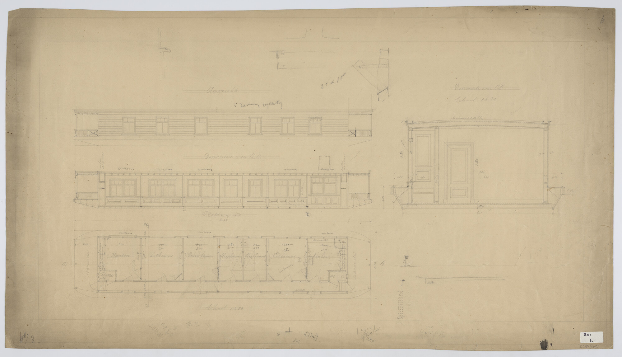 S.5181(005); Algemeen plan van een woonschip met kantoor; technische tekening