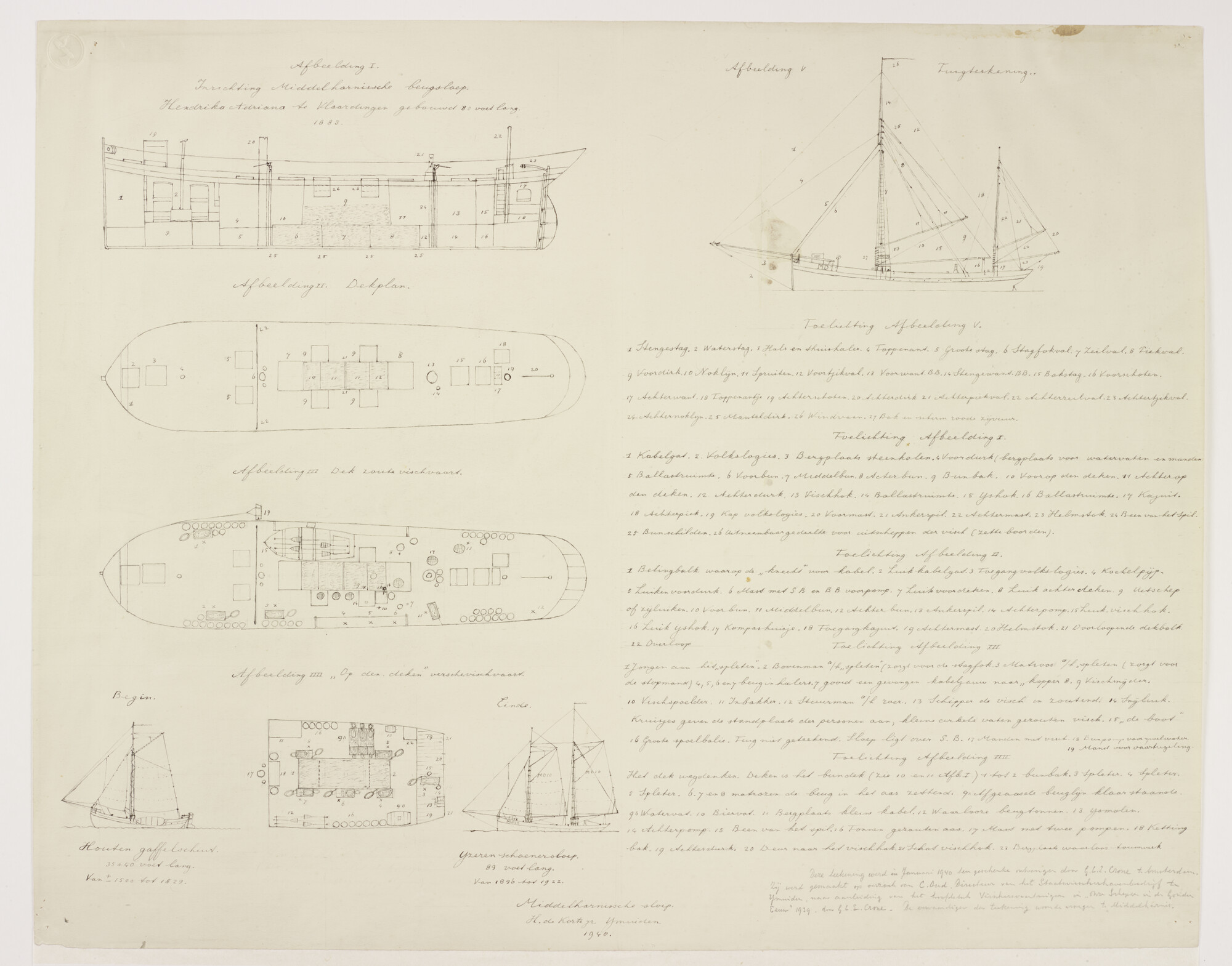 S.1811(2); Inrichting, dekplan en tuigtekening van de beugsloep Hendrika Adriana; tekening