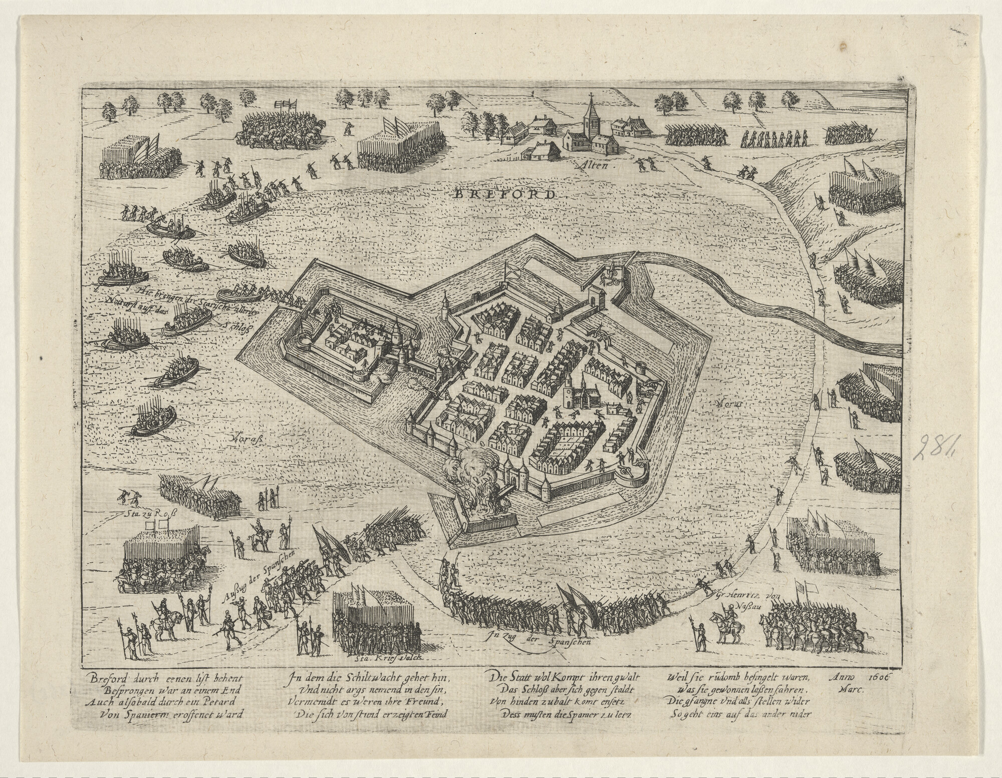 A.0145(027)350; Bredevoort door de Spanjaarden verrast, doch niet genomen, maart 1606; prent