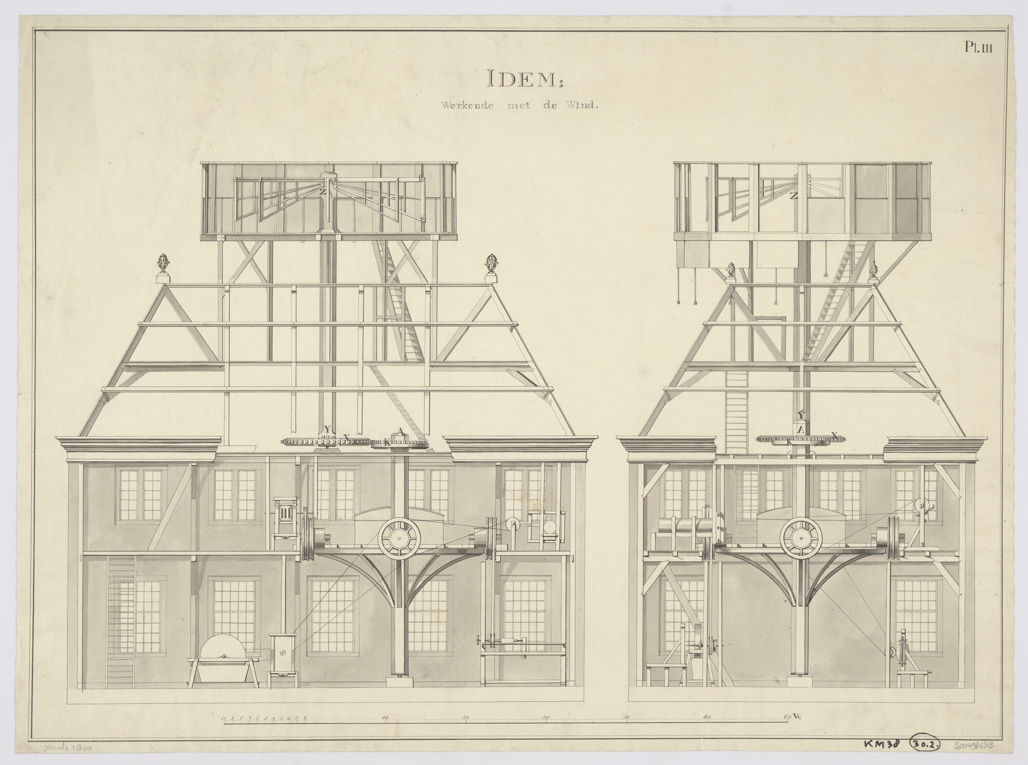 S.0049(15)13; Afbeelding van een blokmolen werkende met wind; technische tekening