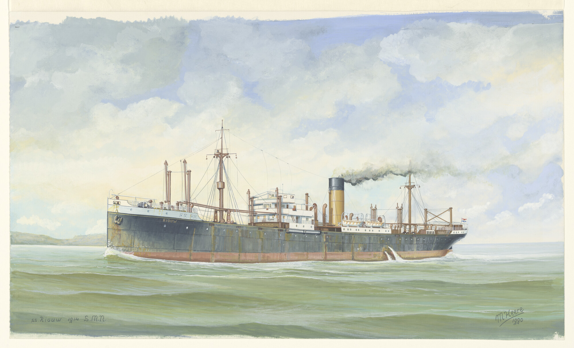 1996.0014; Het stoomschip Riouw van de SMN op zee; tekening