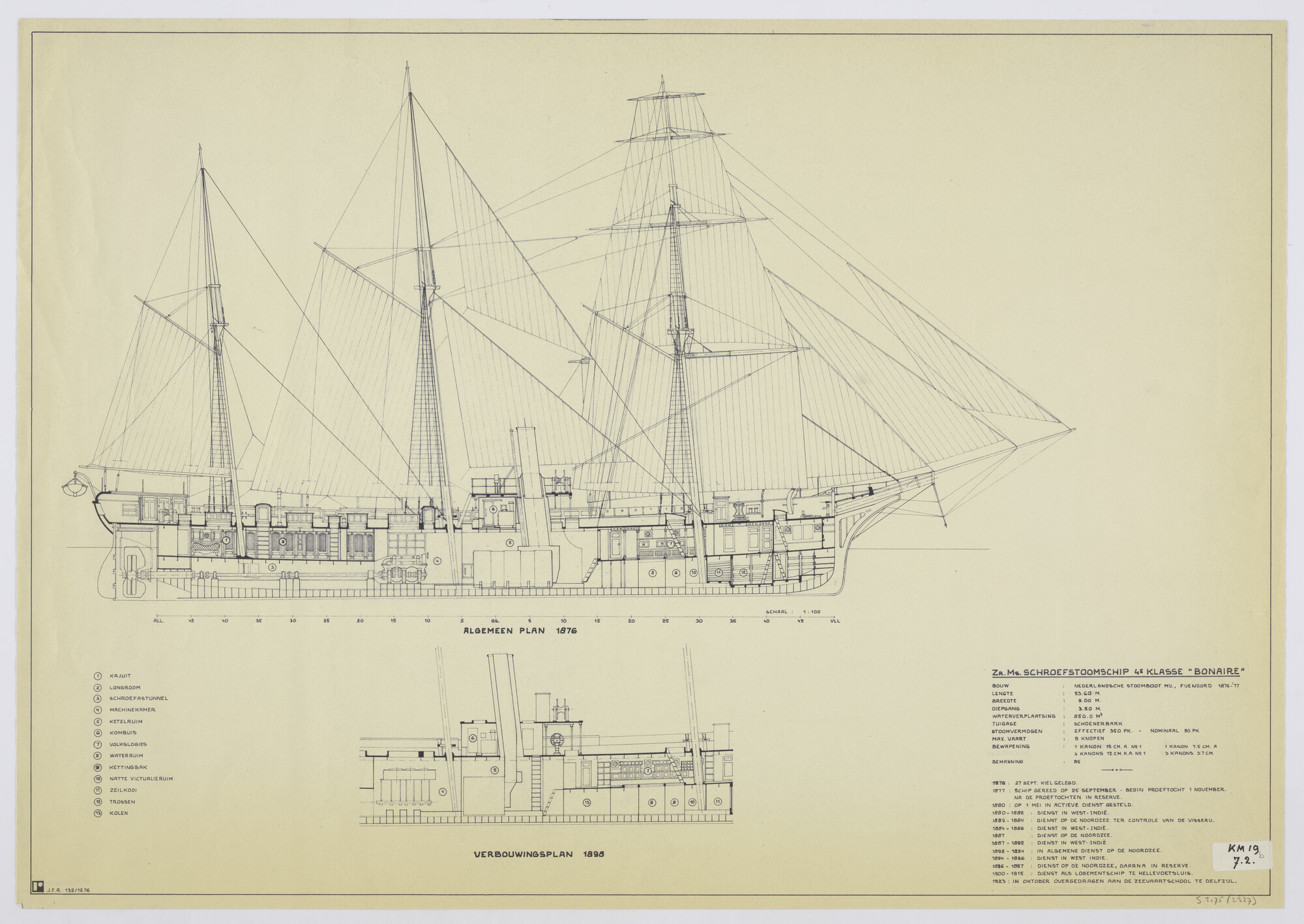 S.2175(2327); Langsdoorsnede tot op de kiel en langsdoorsnede van een deel van het middenschip (verbouwingsplan 1898) van het schroefstoomschip der vierde klasse Zr.Ms. Bonaire; technische tekening