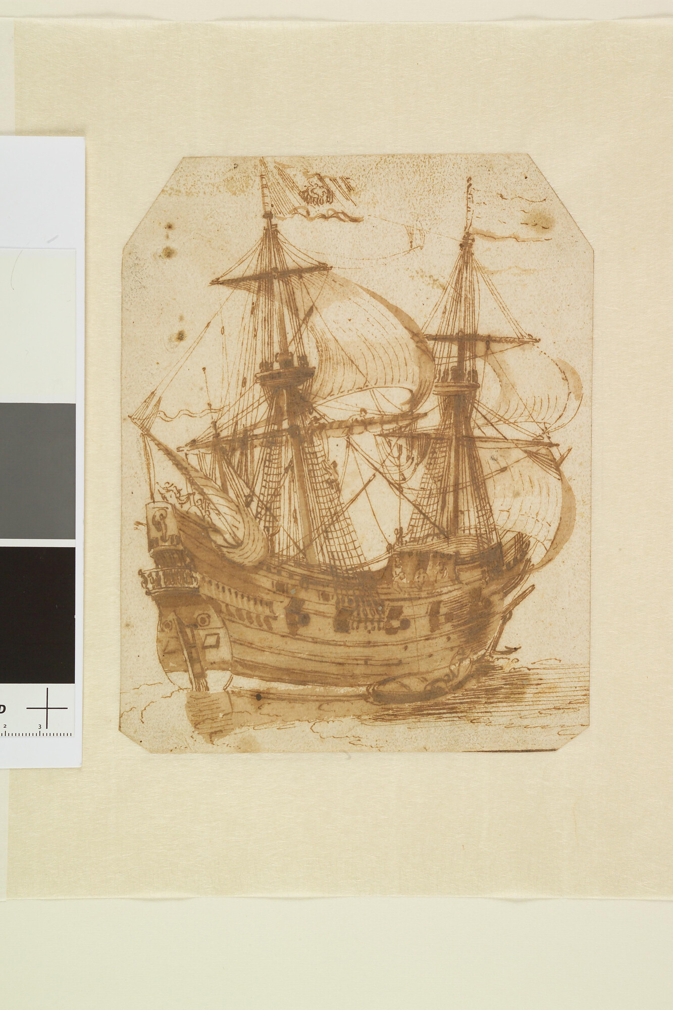 A.0145 [nr 0012]; Tekening van een Pinasschip, met een afbeelding van Vrouwe Fortuna op de spiegel; tekening