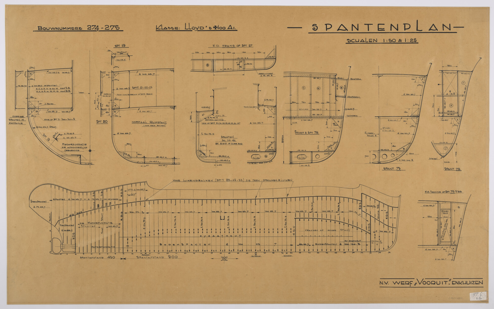 S.4827(0387); Spantenplan van de motorzeeboten Appollinas VII en Berent voor P. Fauchys Cargadoors kantoor ; technische tekening