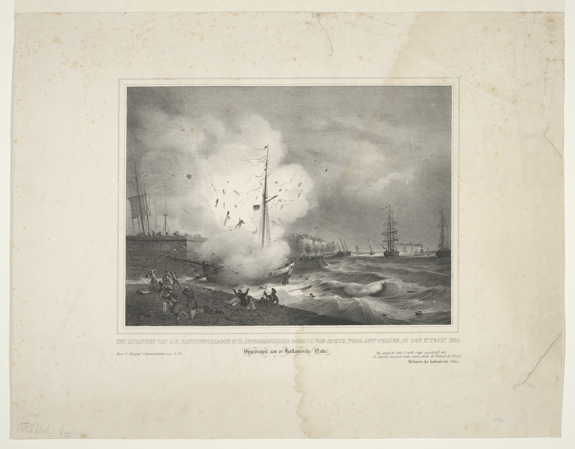 A.0991 [nr 0013]; Het springen van Z.M. Kannonneerboot; prent